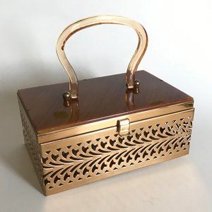 Vtg Mid Century Brass Punched Metal Filigree Caramel Tortoise Lucite Box Purse